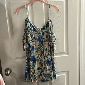 Parker Silk Top Ivory Beige Blue Orange Green Floral Ruffle Offshoulder Top